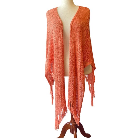 Coldwater Creek Ruana Shawl Orange Fringe Scarf Rayon Cotton Blend - Picture 2 of 4